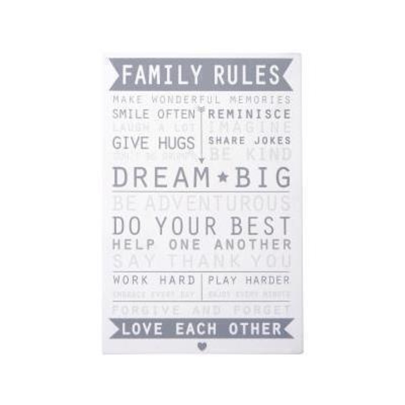 Family Rules sign designed by Transomnia saying Family rules Make wonderful memories Smile often Laugh a lot Give hugs Dont be grumpy Reminisce Imagine Share jokes Be kind Dream Big Be adventurous Do your best Help one another Say thank you Work hard Play harder  Embrace every day Enjoy every minute Forgive and forget and Love each other.